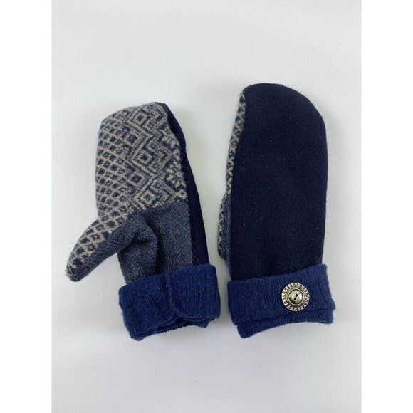 Handmade Navy Blue Button Mittens Wool Felt Fleece Lined Unbranded Boutique - Picture 2 of 5
